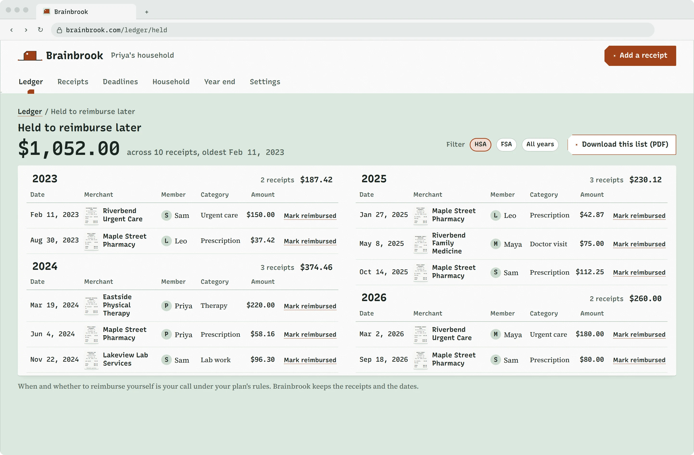 Brainbrook's reimburse later ledger in a desktop browser: $1,052.00 held across 10 HSA receipts grouped by year from 2023 to 2026, each with its original date and a Mark reimbursed button.